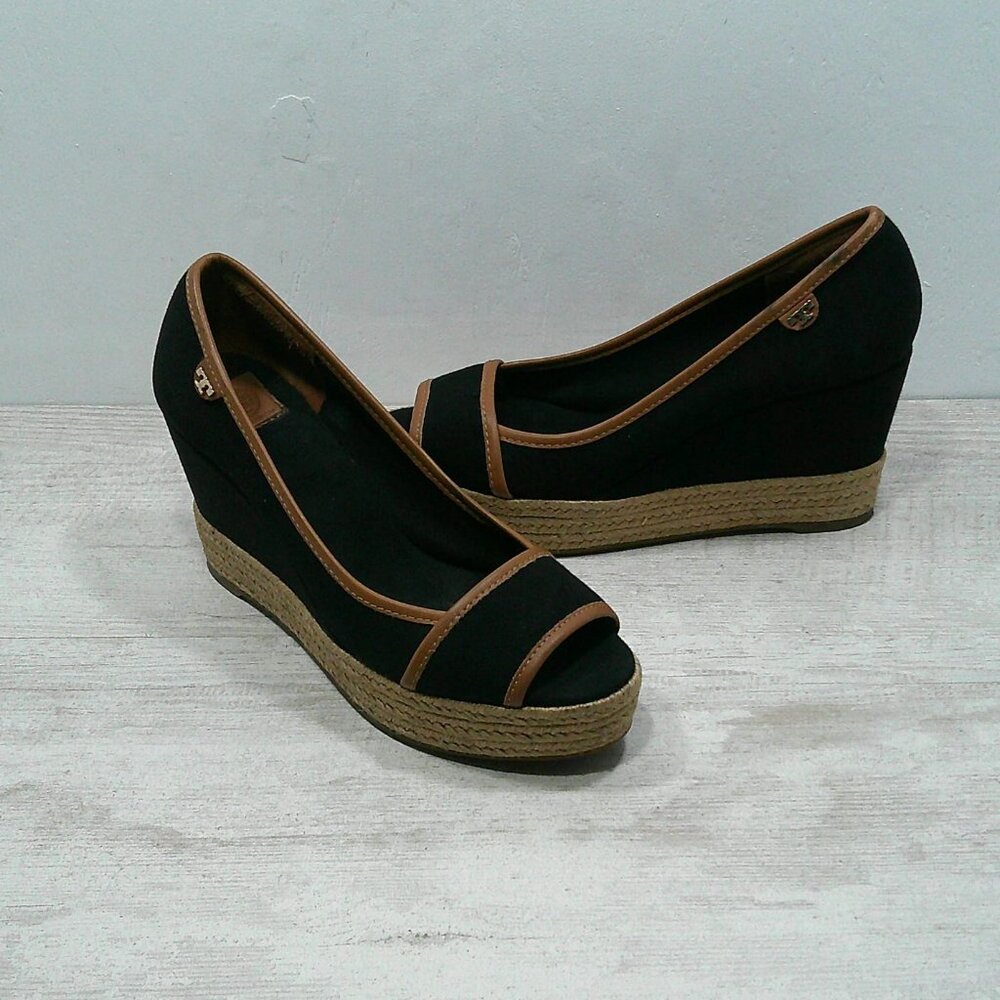 Tory Burch Majorca Peep Toe Wedge Canvas Black Tan Espadrille SZ 38.5 | 8.5 M - Picture 3 of 12